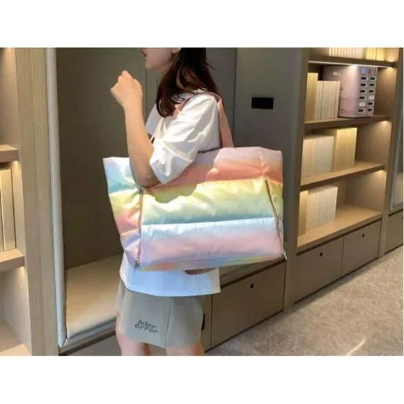 Rainbow Pastel Waterproof Beach Tote Bag for Women - Lightweight Quilted Shoulde - Picture 2 of 8